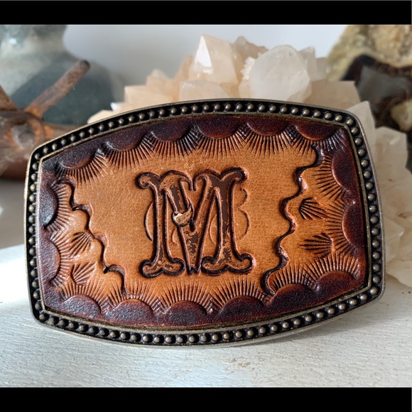 tooled leather belt buckle